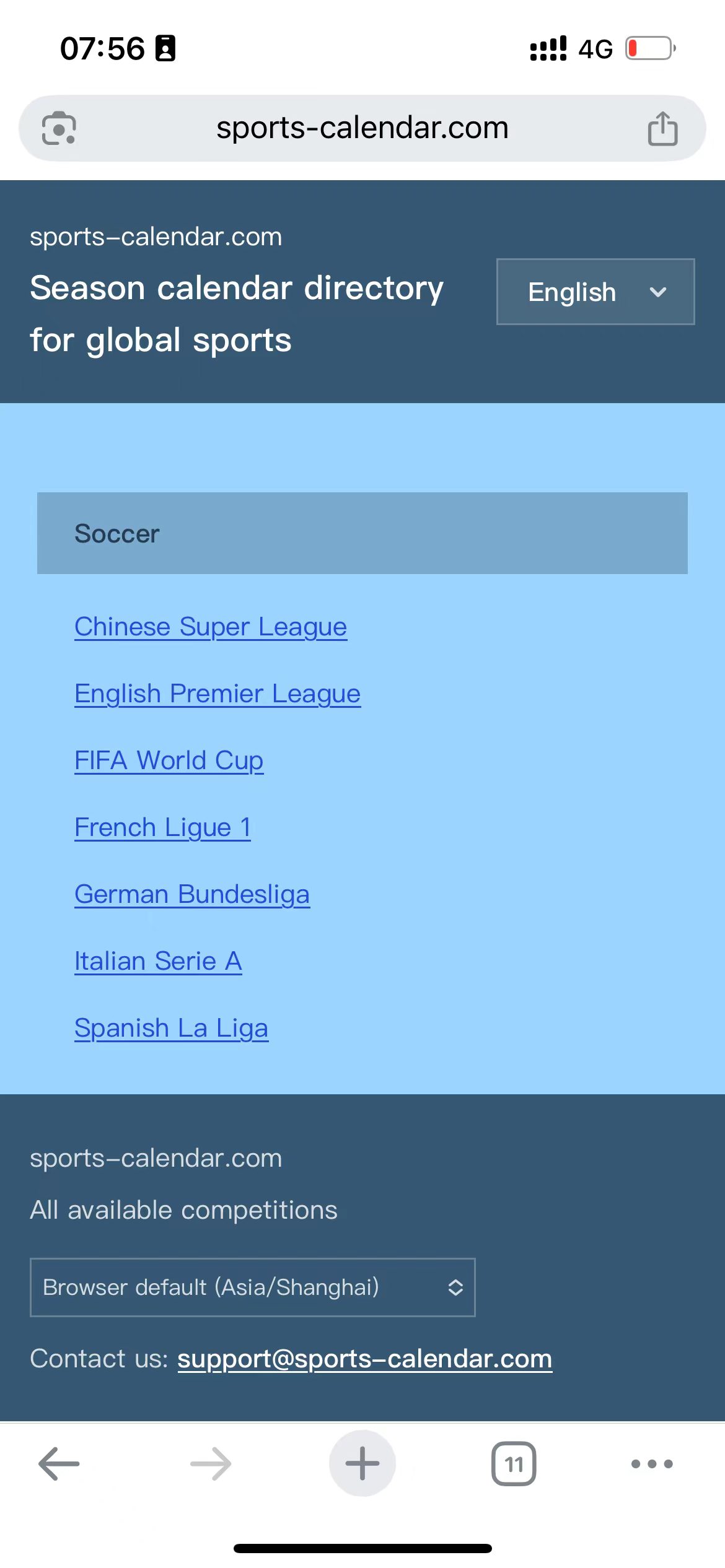 The English homepage showing the sports directory and league links.