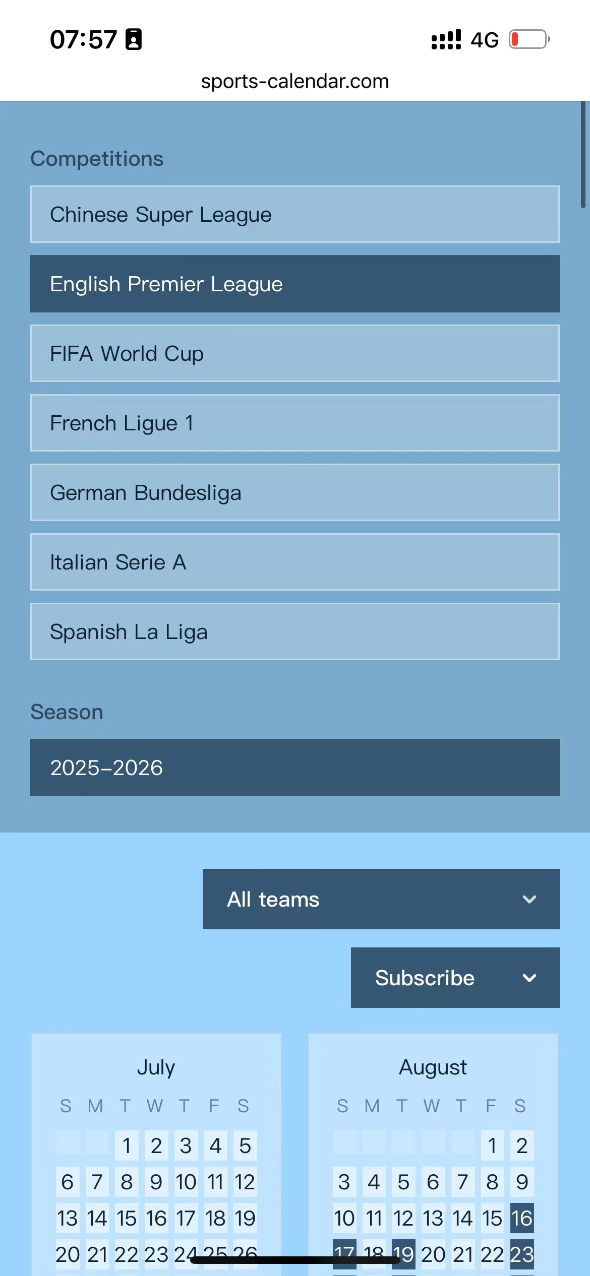 A season page with the Subscribe button visible near the filters.