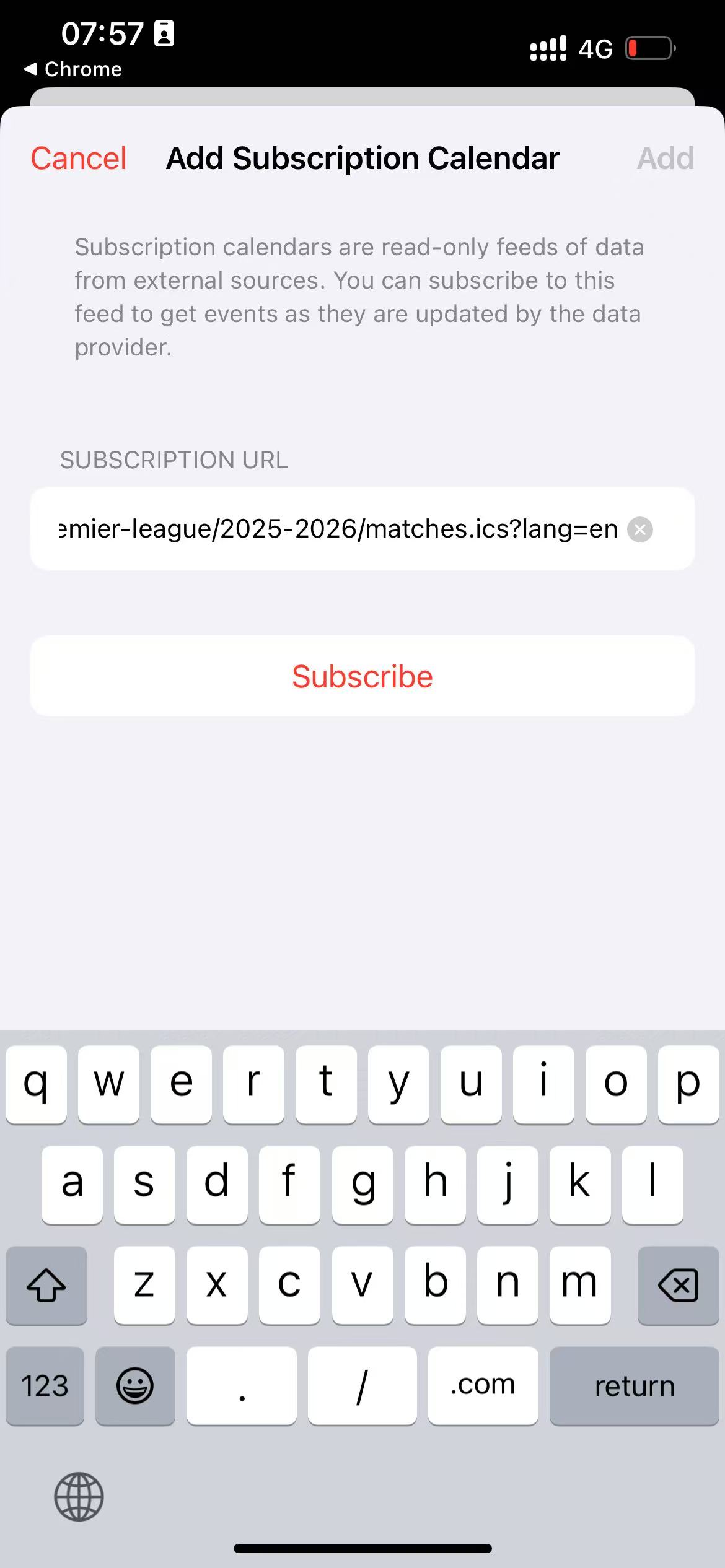 The Add Subscription Calendar dialog showing the feed URL and Subscribe button.