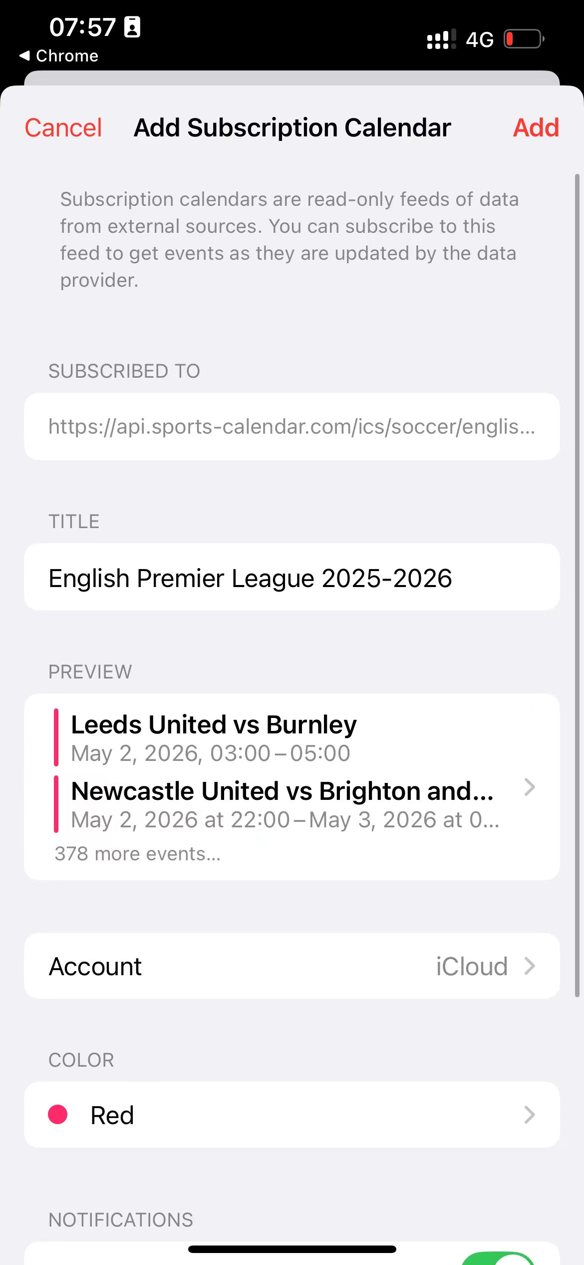 The iOS calendar subscription review screen with preview events and the Add button.