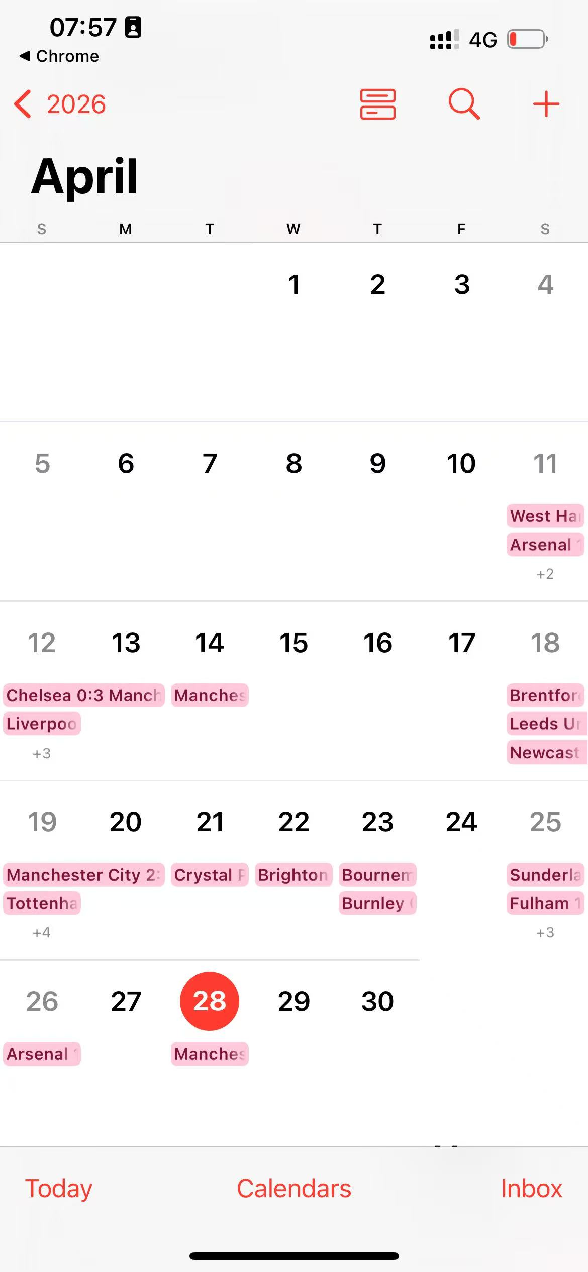 The iPhone Calendar month view showing imported match events.