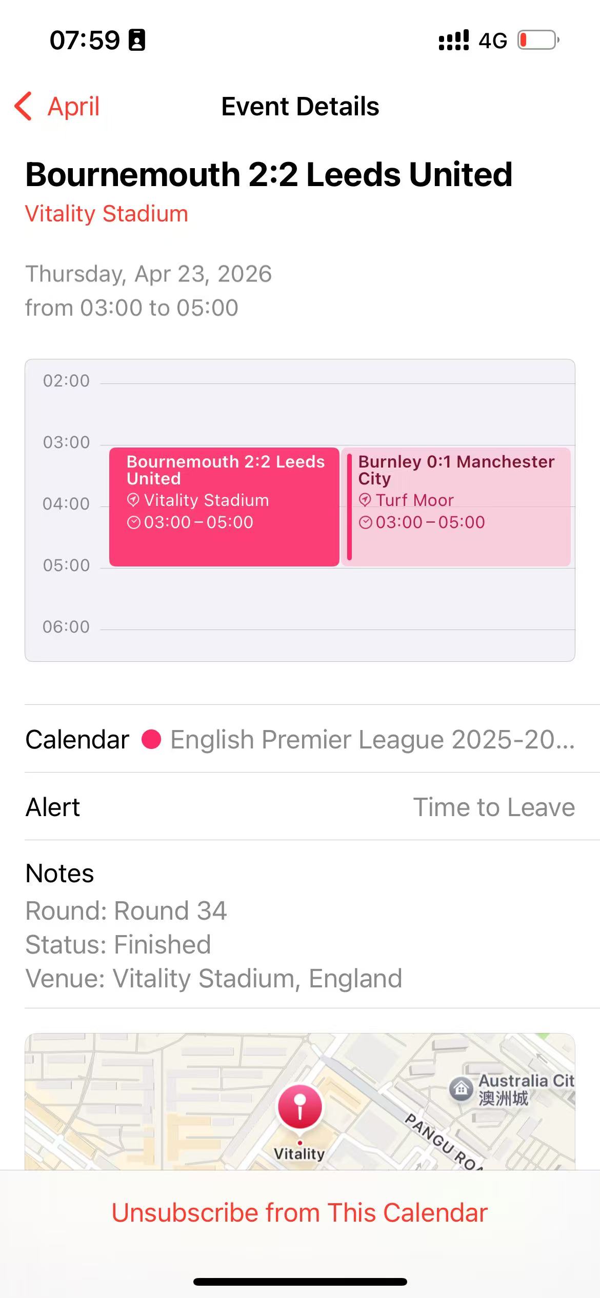 An event details screen showing fixture information imported from the calendar feed.